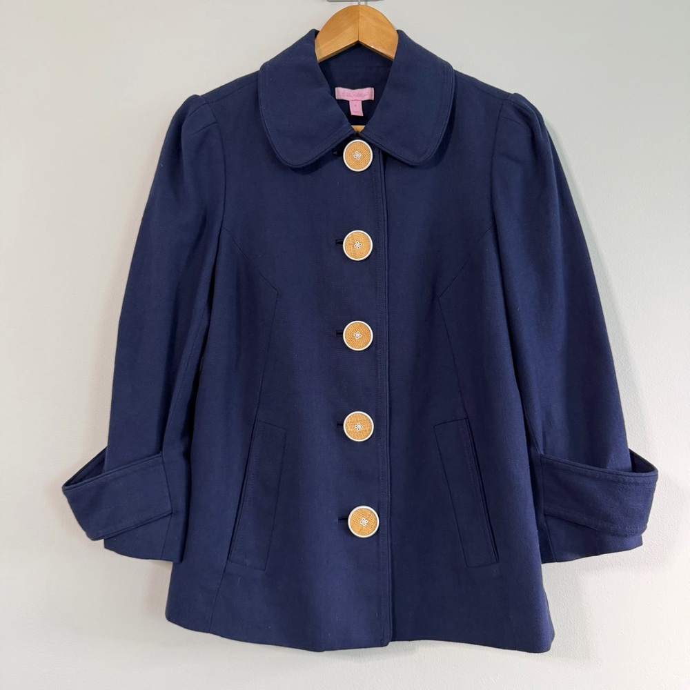 Lily Pulitzer Baylor Linen Blend Swing Navy Blue Peacoat Jacket Women’s Size 8